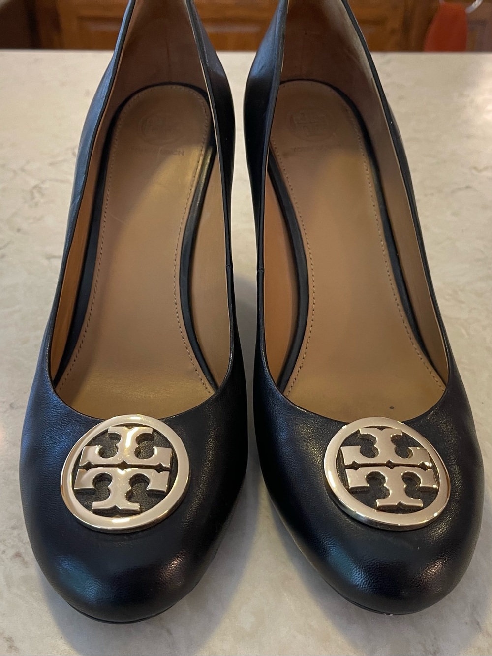 Tory Burch Black Leather wedge pumps with Gold Logo Medallions, 4” heel. - Picture 2 of 10